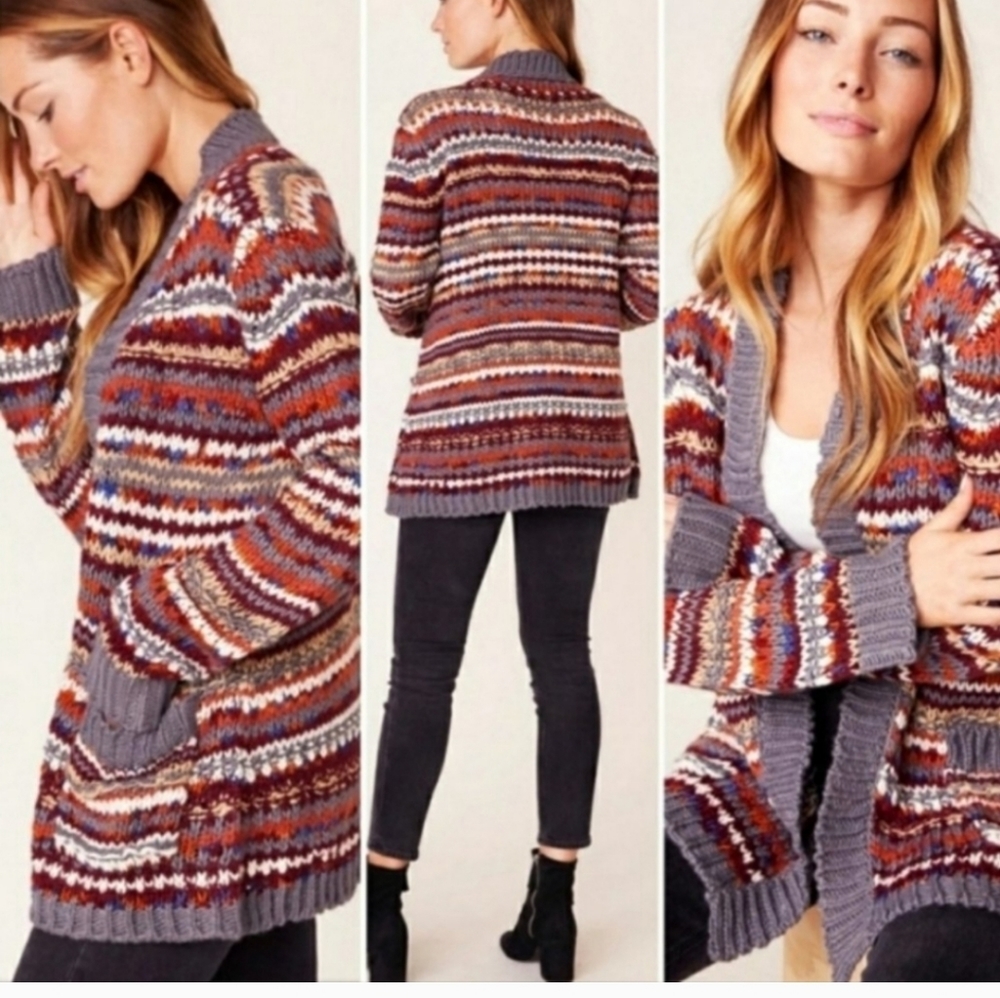 BB Dakota 💜 NWT Shawl That Striped Cardigan Sweater Chunky Knit Wool Blend Sz M